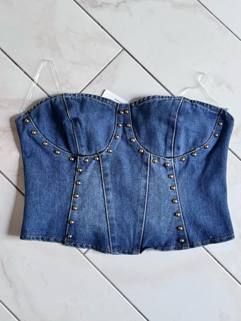 Windsor Blue Denim Gold Studded Corset Crop Top (NWT size M)